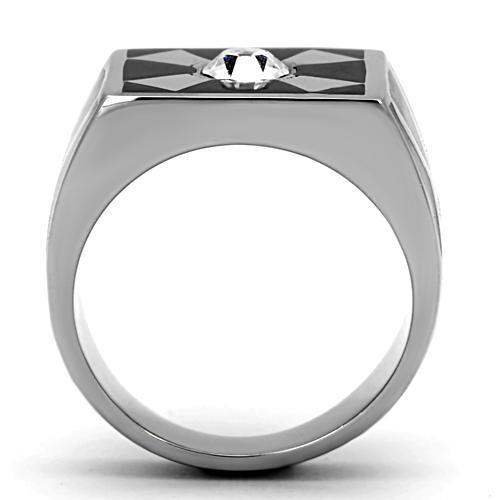 Men's stainless steel ring with clear synthetic crystal, high-polished finish, elegant design.