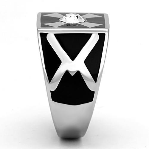 Men's stainless steel ring with clear synthetic crystal, high-polished finish, elegant design.