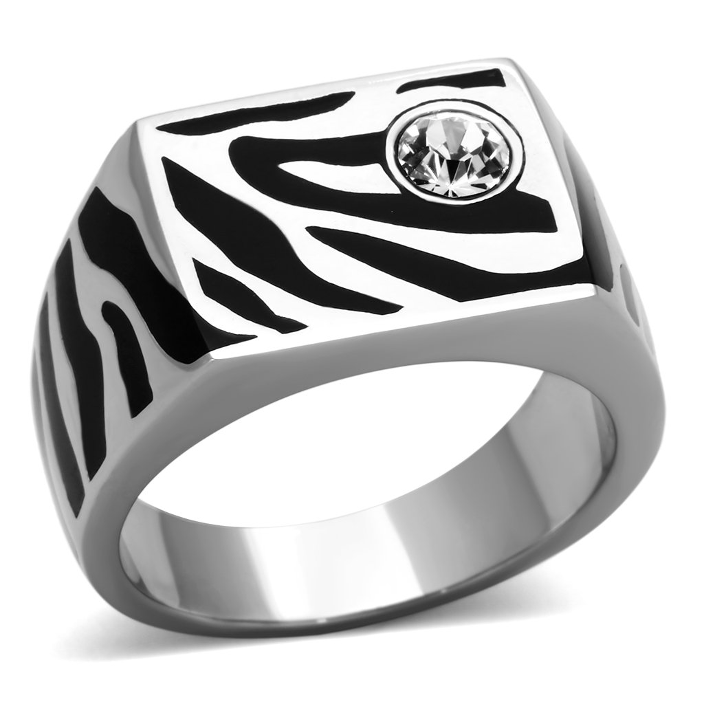 Men's stainless steel ring featuring a clear synthetic crystal centerpiece, high-polished finish, and durable design.