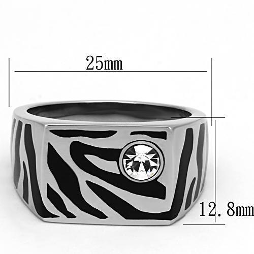 Men's stainless steel ring featuring a clear synthetic crystal centerpiece, high-polished finish, and durable design.