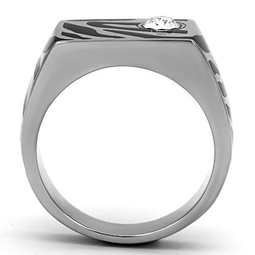 Men's stainless steel ring featuring a clear synthetic crystal centerpiece, high-polished finish, and durable design.