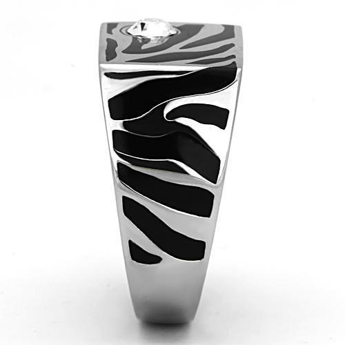 Men's stainless steel ring featuring a clear synthetic crystal centerpiece, high-polished finish, and durable design.