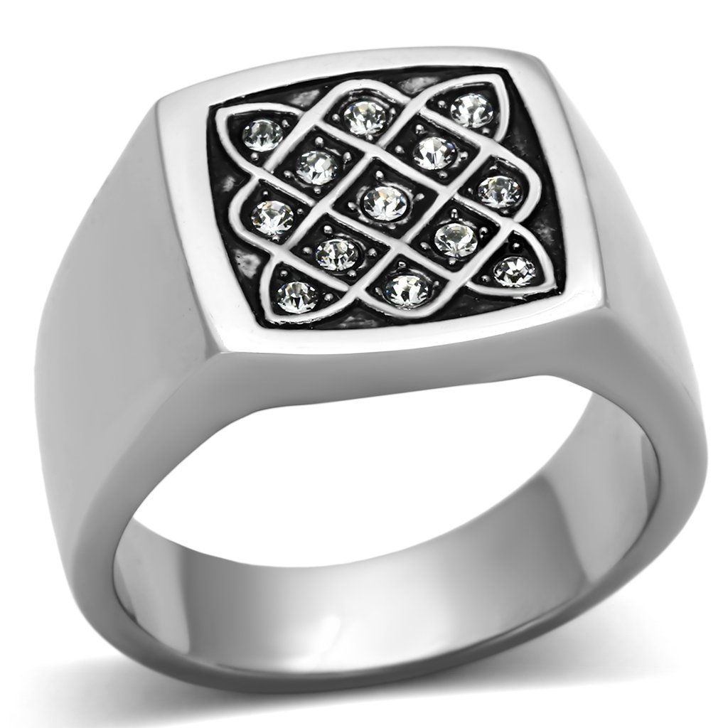 Men's stainless steel ring featuring a clear synthetic crystal centerpiece, high-polished finish, and sleek design.