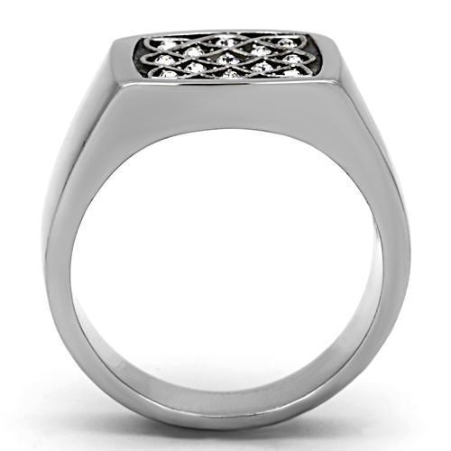 Men's stainless steel ring featuring a clear synthetic crystal centerpiece, high-polished finish, and sleek design.