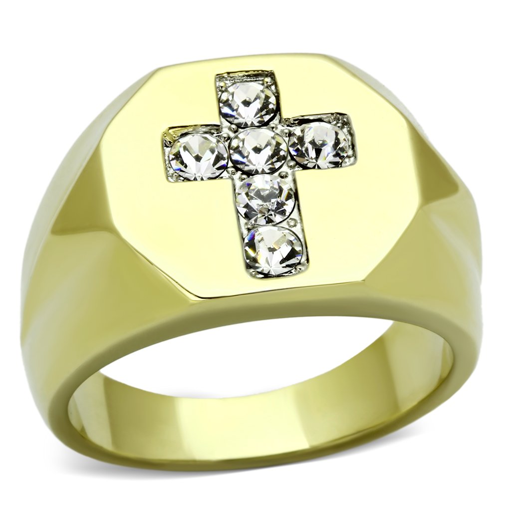 Men's stainless steel ring with synthetic crystal and two-tone gold ion plating, showcasing a modern and elegant design.