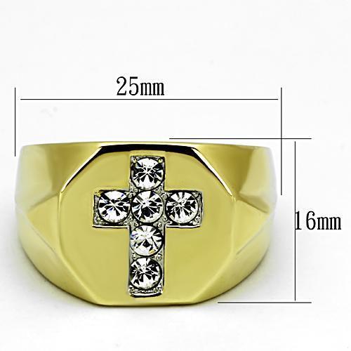 Men's stainless steel ring with synthetic crystal and two-tone gold ion plating, showcasing a modern and elegant design.