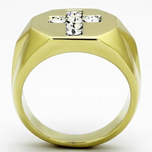 Men's stainless steel ring with synthetic crystal and two-tone gold ion plating, showcasing a modern and elegant design.