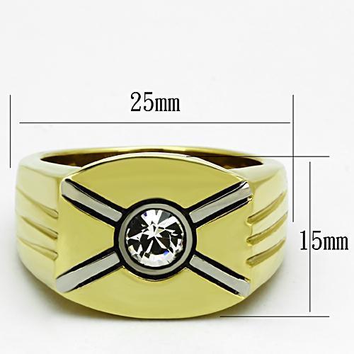 Men's stainless steel ring with synthetic crystal and two-tone gold ion plating, showcasing elegance and durability.