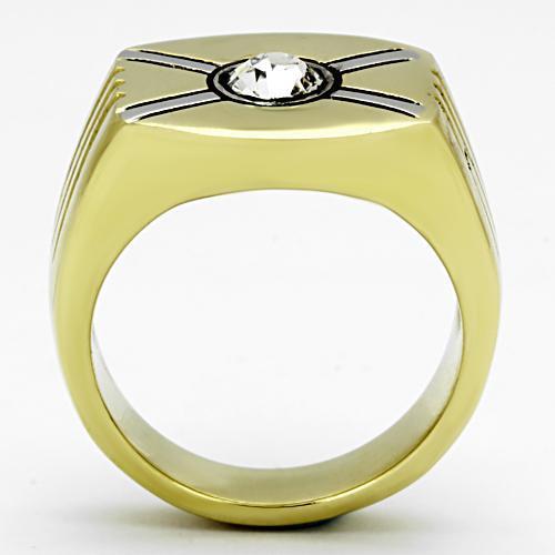 Men's stainless steel ring with synthetic crystal and two-tone gold ion plating, showcasing elegance and durability.