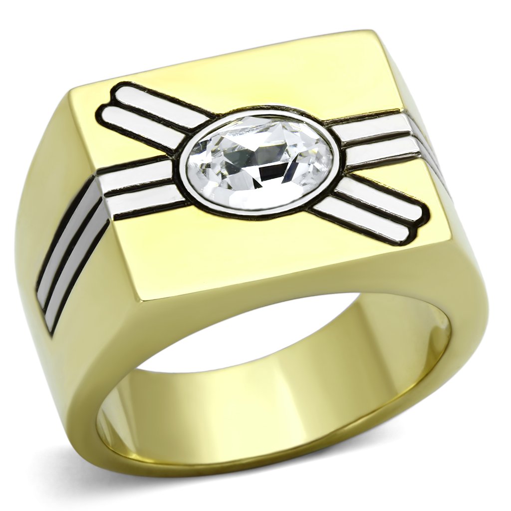 Men's stainless steel ring featuring synthetic crystal and two-tone IP gold finish, showcasing elegance and durability.