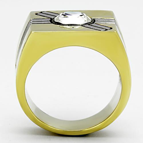 Men's stainless steel ring featuring synthetic crystal and two-tone IP gold finish, showcasing elegance and durability.