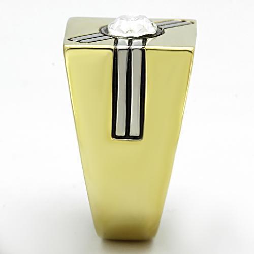 Men's stainless steel ring featuring synthetic crystal and two-tone IP gold finish, showcasing elegance and durability.