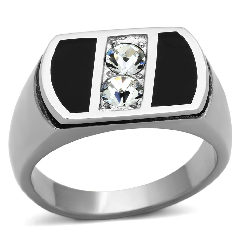 Men's stainless steel ring with clear synthetic crystal, high-polished finish.