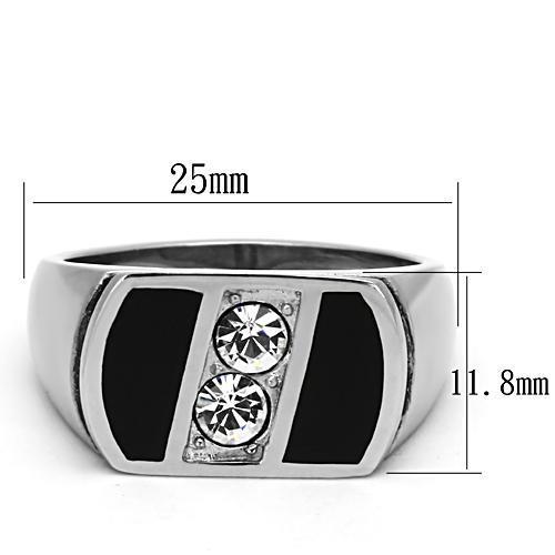 Men's stainless steel ring with clear synthetic crystal, high-polished finish.