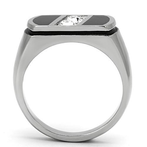 Men's stainless steel ring with clear synthetic crystal, high-polished finish.