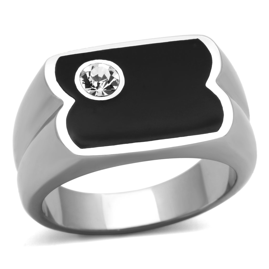 Men's stainless steel ring featuring a clear synthetic crystal, high-polished finish, and elegant design.