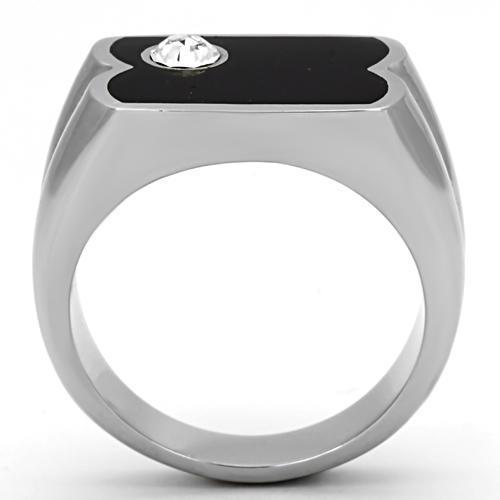 Men's stainless steel ring featuring a clear synthetic crystal, high-polished finish, and elegant design.