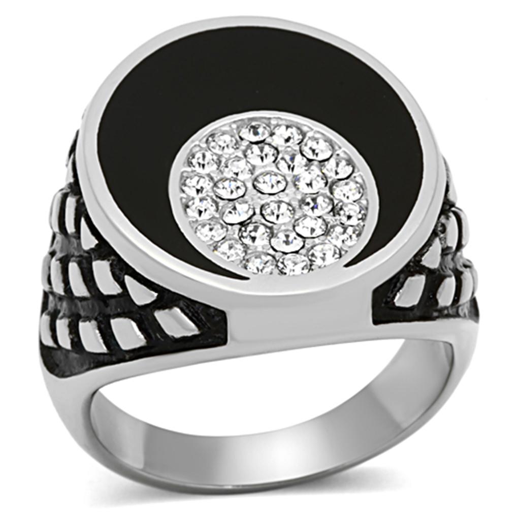 Men's stainless steel ring featuring a clear synthetic crystal centerpiece, high-polished finish, and modern design.