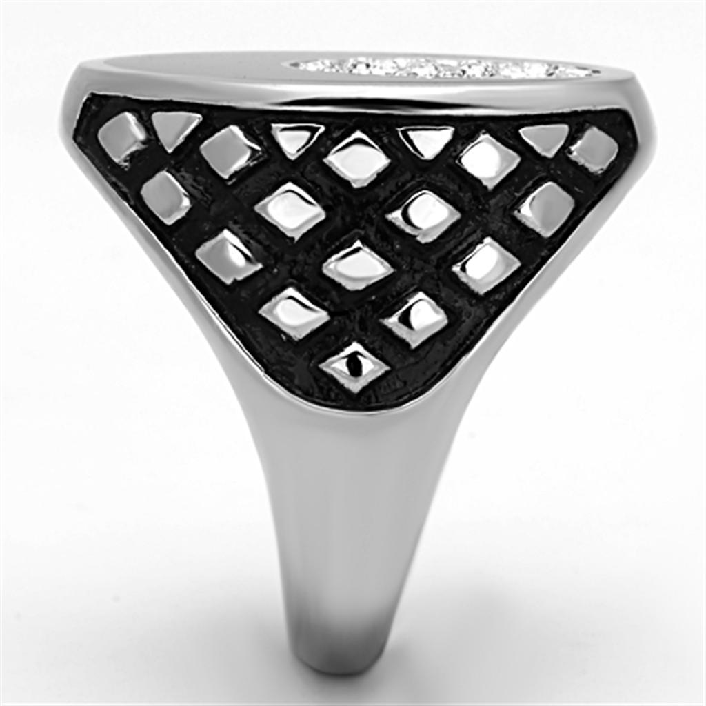 Men's stainless steel ring featuring a clear synthetic crystal centerpiece, high-polished finish, and modern design.