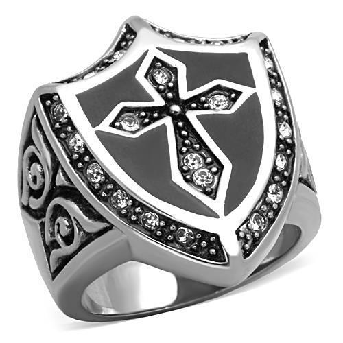 Men's stainless steel ring featuring a clear synthetic crystal centerpiece, high-polished finish, and sleek design.