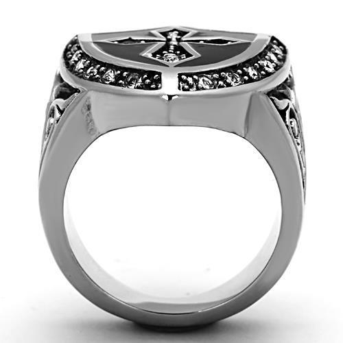 Men's stainless steel ring featuring a clear synthetic crystal centerpiece, high-polished finish, and sleek design.