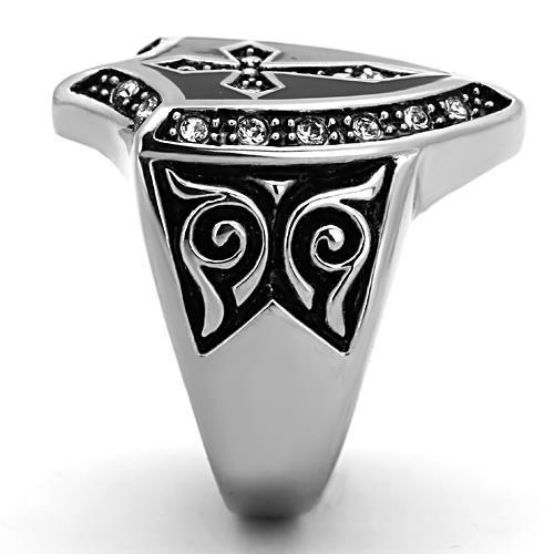 Men's stainless steel ring featuring a clear synthetic crystal centerpiece, high-polished finish, and sleek design.