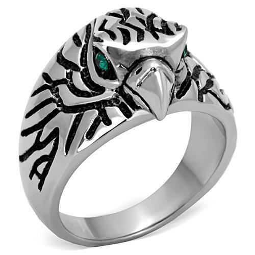 Men's stainless steel ring featuring a high polished finish and a synthetic emerald crystal centerpiece.