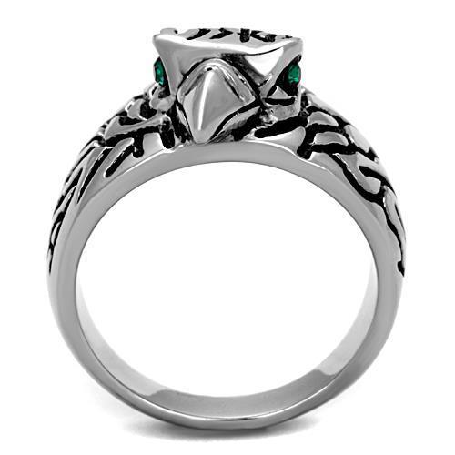 Men's stainless steel ring featuring a high polished finish and a synthetic emerald crystal centerpiece.