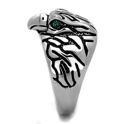 Men's stainless steel ring featuring a high polished finish and a synthetic emerald crystal centerpiece.