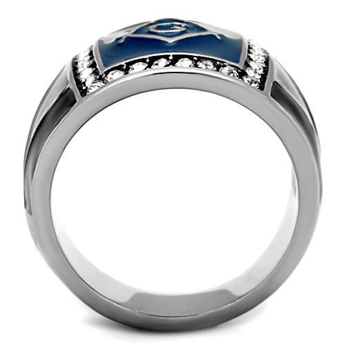 Men's stainless steel ring featuring a clear synthetic crystal centerpiece, high-polished finish, and sleek design.