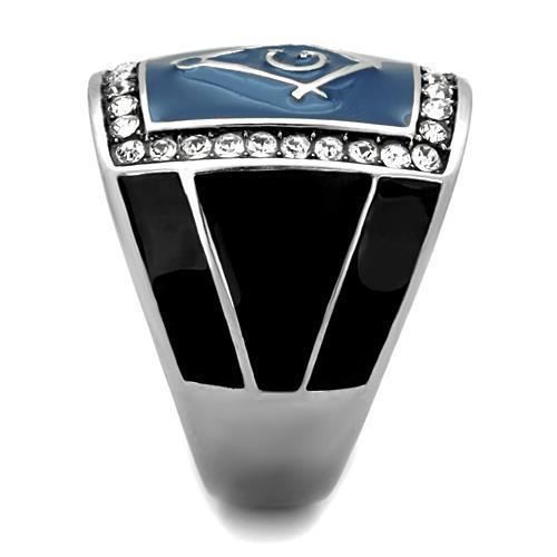 Men's stainless steel ring featuring a clear synthetic crystal centerpiece, high-polished finish, and sleek design.