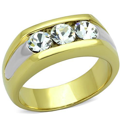 Men's stainless steel ring with synthetic crystal and two-tone gold plating, showcasing elegance and durability.