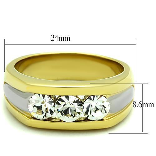 Men's stainless steel ring with synthetic crystal and two-tone gold plating, showcasing elegance and durability.