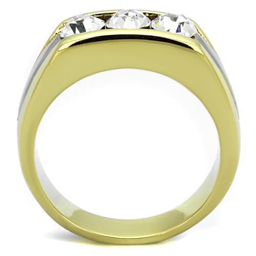 Men's stainless steel ring with synthetic crystal and two-tone gold plating, showcasing elegance and durability.