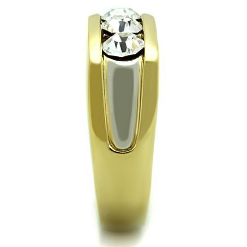 Men's stainless steel ring with synthetic crystal and two-tone gold plating, showcasing elegance and durability.