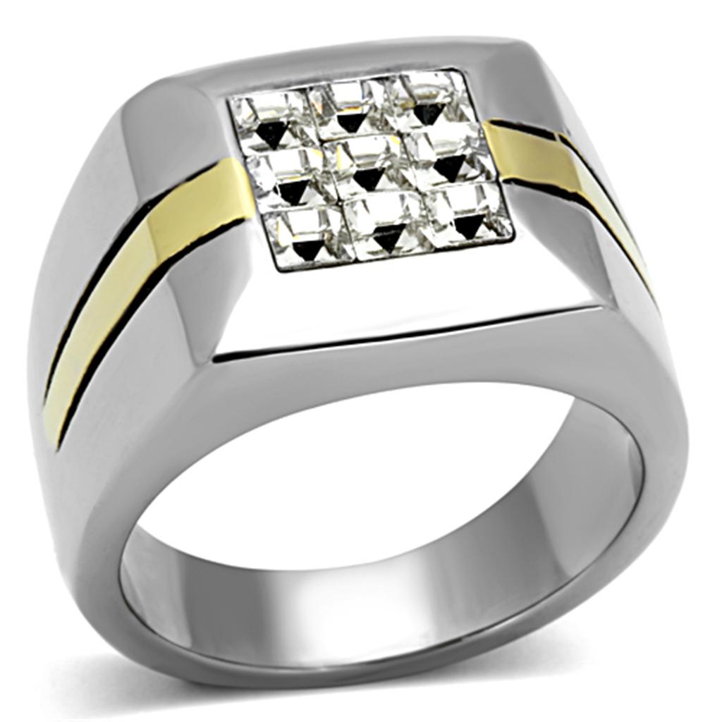 Men's stainless steel ring featuring a clear synthetic crystal and two-tone IP gold finish, showcasing elegance and durability.