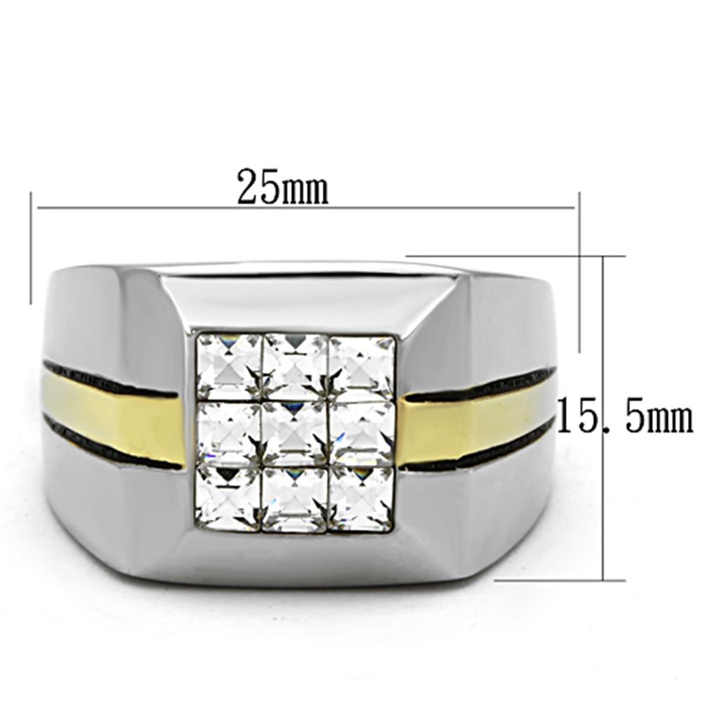 Men's stainless steel ring featuring a clear synthetic crystal and two-tone IP gold finish, showcasing elegance and durability.