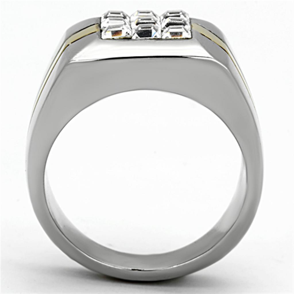 Men's stainless steel ring featuring a clear synthetic crystal and two-tone IP gold finish, showcasing elegance and durability.