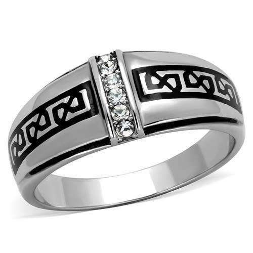 Men's stainless steel ring featuring a clear synthetic crystal, high-polished finish, and sleek design.