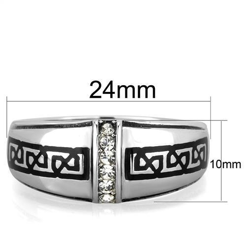 Men's stainless steel ring featuring a clear synthetic crystal, high-polished finish, and sleek design.