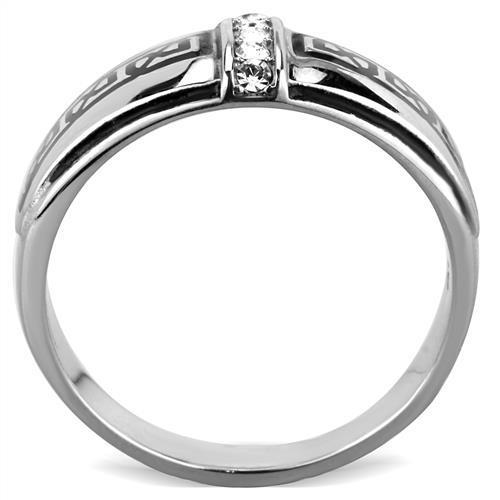 Men's stainless steel ring featuring a clear synthetic crystal, high-polished finish, and sleek design.