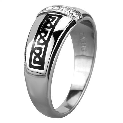 Men's stainless steel ring featuring a clear synthetic crystal, high-polished finish, and sleek design.