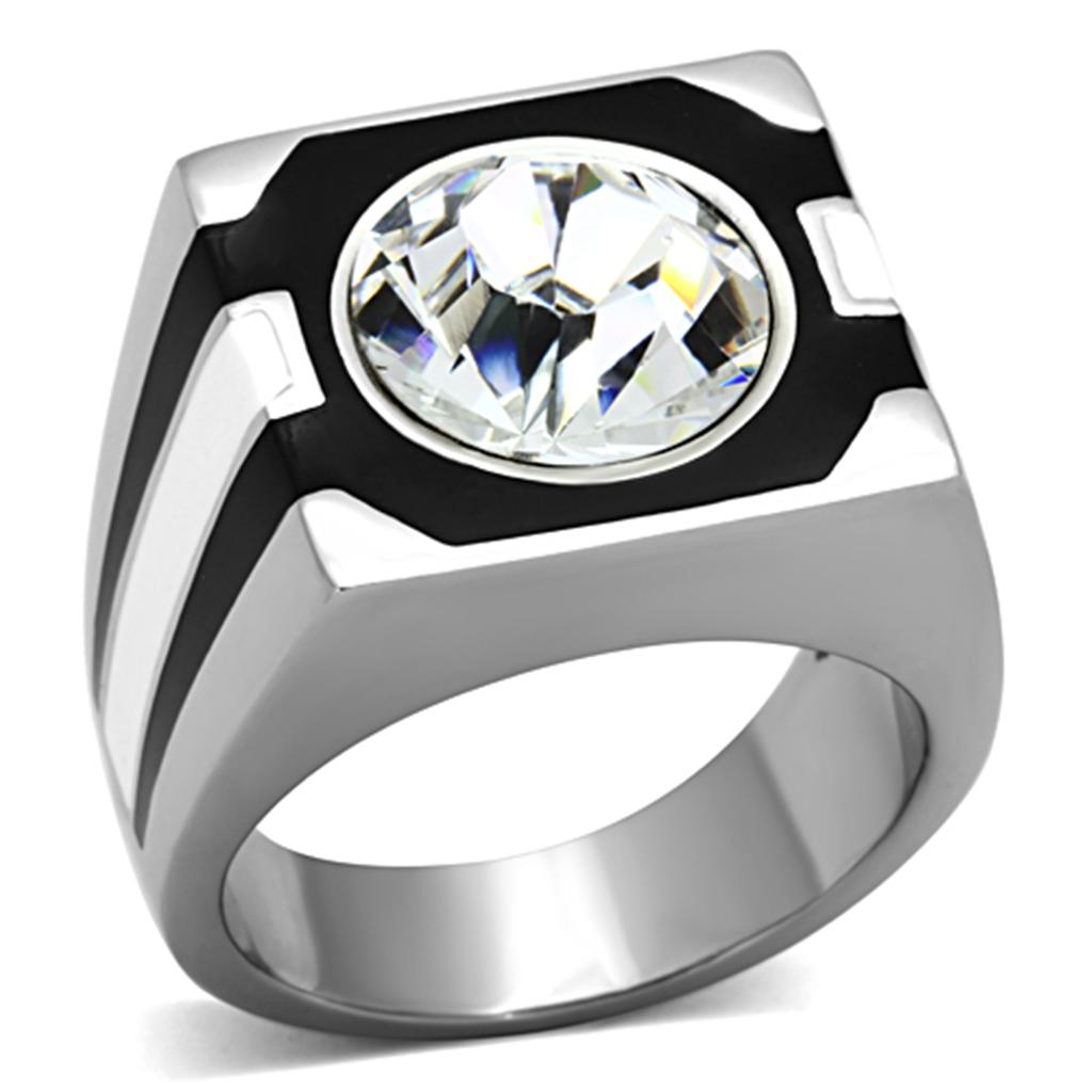 Men's stainless steel ring featuring a clear synthetic crystal centerpiece, high-polished finish, and modern design.