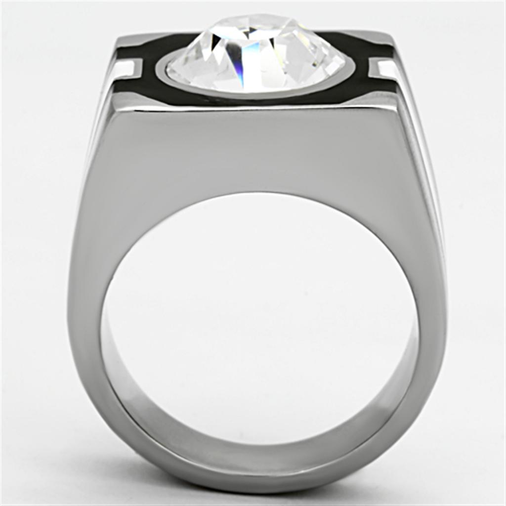 Men's stainless steel ring featuring a clear synthetic crystal centerpiece, high-polished finish, and modern design.