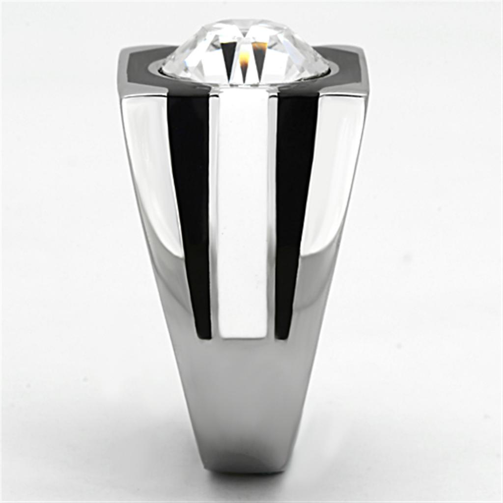 Men's stainless steel ring featuring a clear synthetic crystal centerpiece, high-polished finish, and modern design.