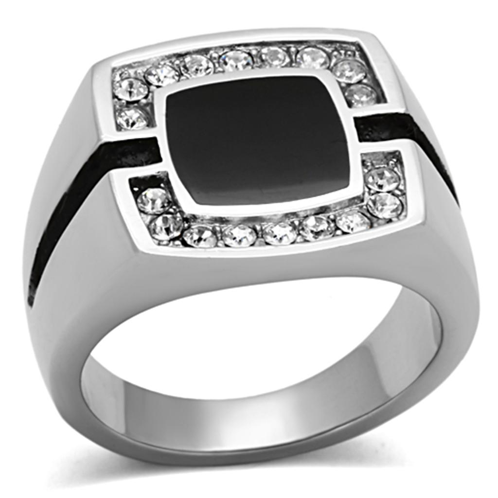 Men's stainless steel ring featuring a high polished finish and a clear synthetic crystal, showcasing elegance and durability.