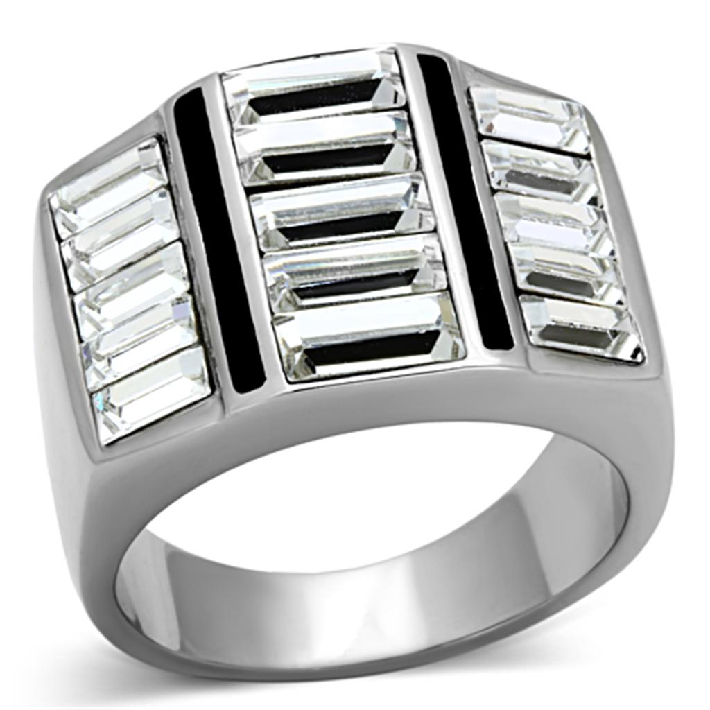 Men's stainless steel ring with clear synthetic crystal, high-polished finish, stylish and durable design.