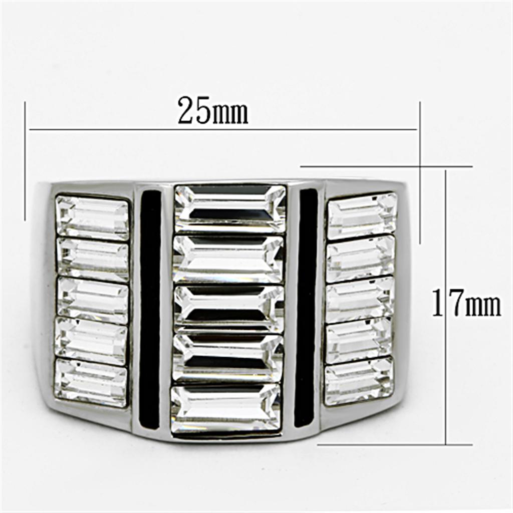 Men's stainless steel ring with clear synthetic crystal, high-polished finish, stylish and durable design.