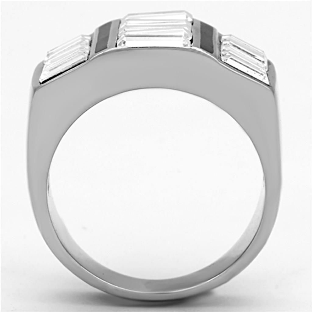 Men's stainless steel ring with clear synthetic crystal, high-polished finish, stylish and durable design.