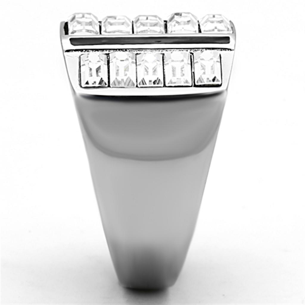 Men's stainless steel ring with clear synthetic crystal, high-polished finish, stylish and durable design.